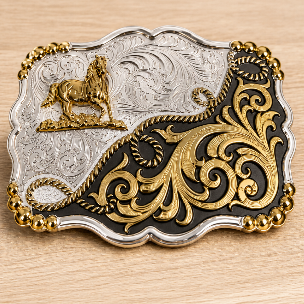 Image of Decorative belt buckle with intricate designs on a wooden surface