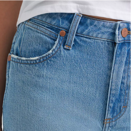 Image of Close-up of blue jeans with a white background