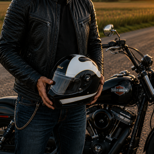 Image of Man holding a helmet next to a motorcycle on a road with a sunset in the background