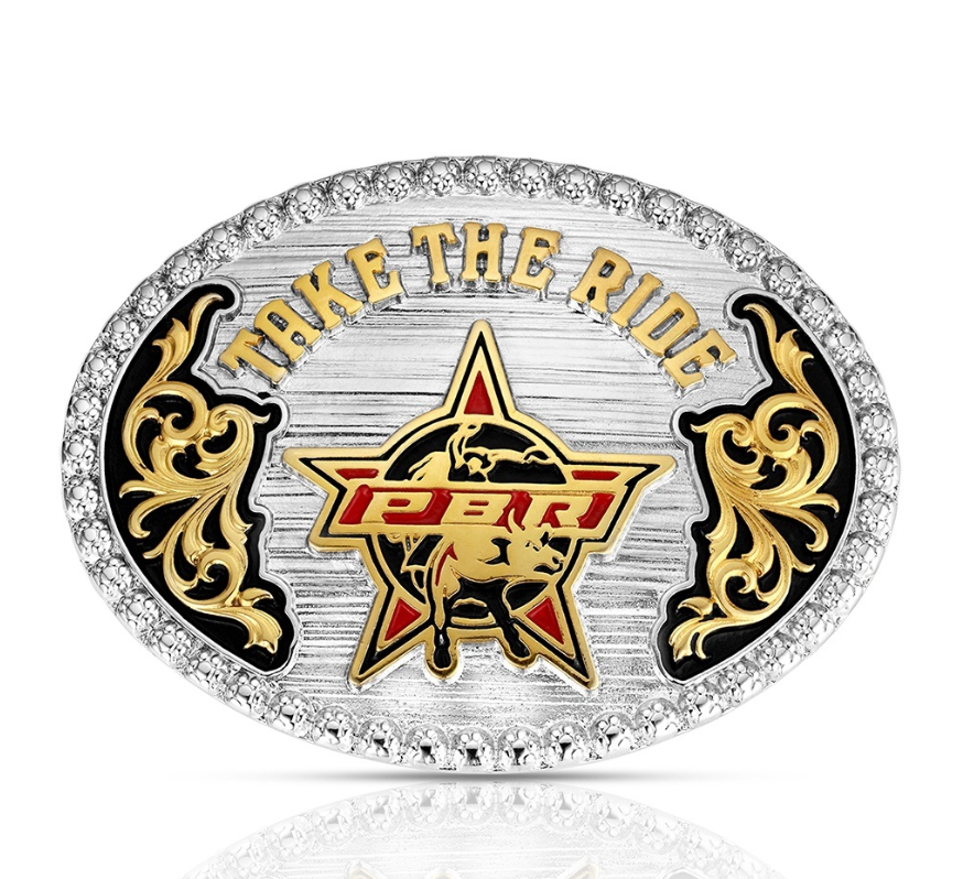 Image of Belt buckle with star design and 'Take the Ride' text on a white background