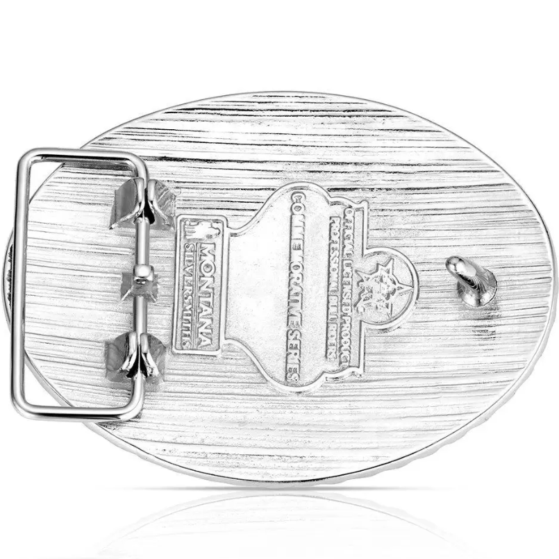 Image of Metallic belt buckle with detailed design on a white background