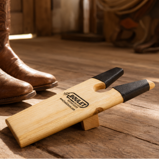 Image of A wooden horse block with black rubber pads on a rustic wooden floor, with a person's brown leather cowboy boots visible in the background.