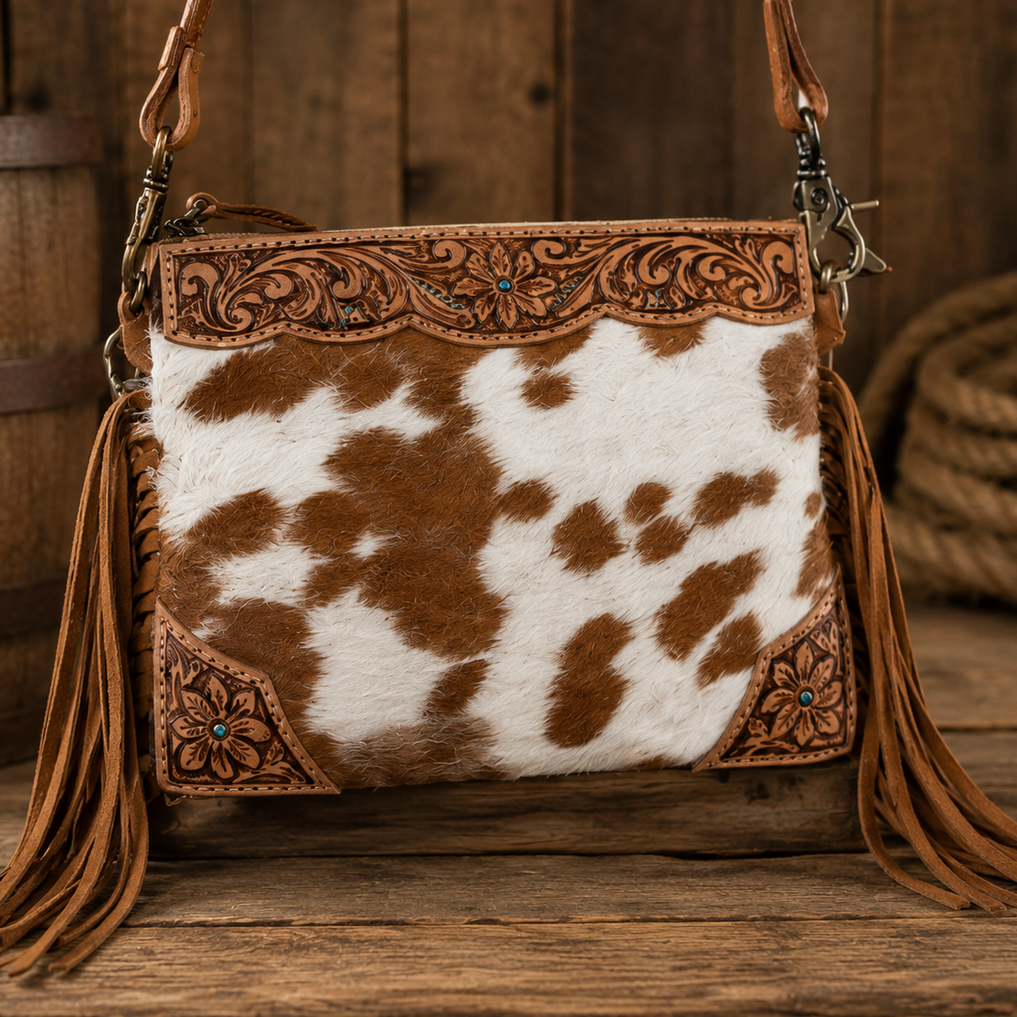 Image of Sac à bandoulière western en cuir à poil