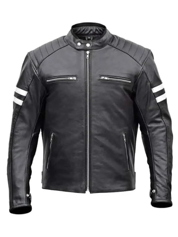 Image of Black leather jacket with white stripes on sleeves on a white background