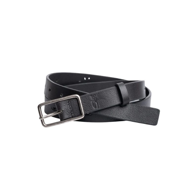 Image of Black leather belt with silver buckle on a white background
