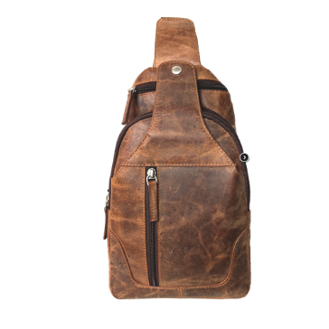 Image of Brown leather sling bag on a white background