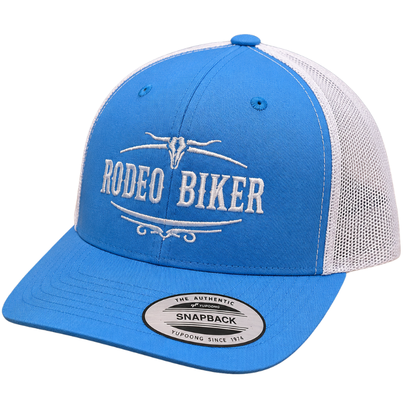 Image of Blue and white cap with 'Rodeo Biker' text on a white background