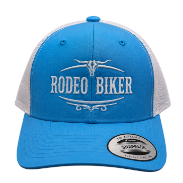 Image of Blue and white cap with 'Rodeo Biker' logo on a white background