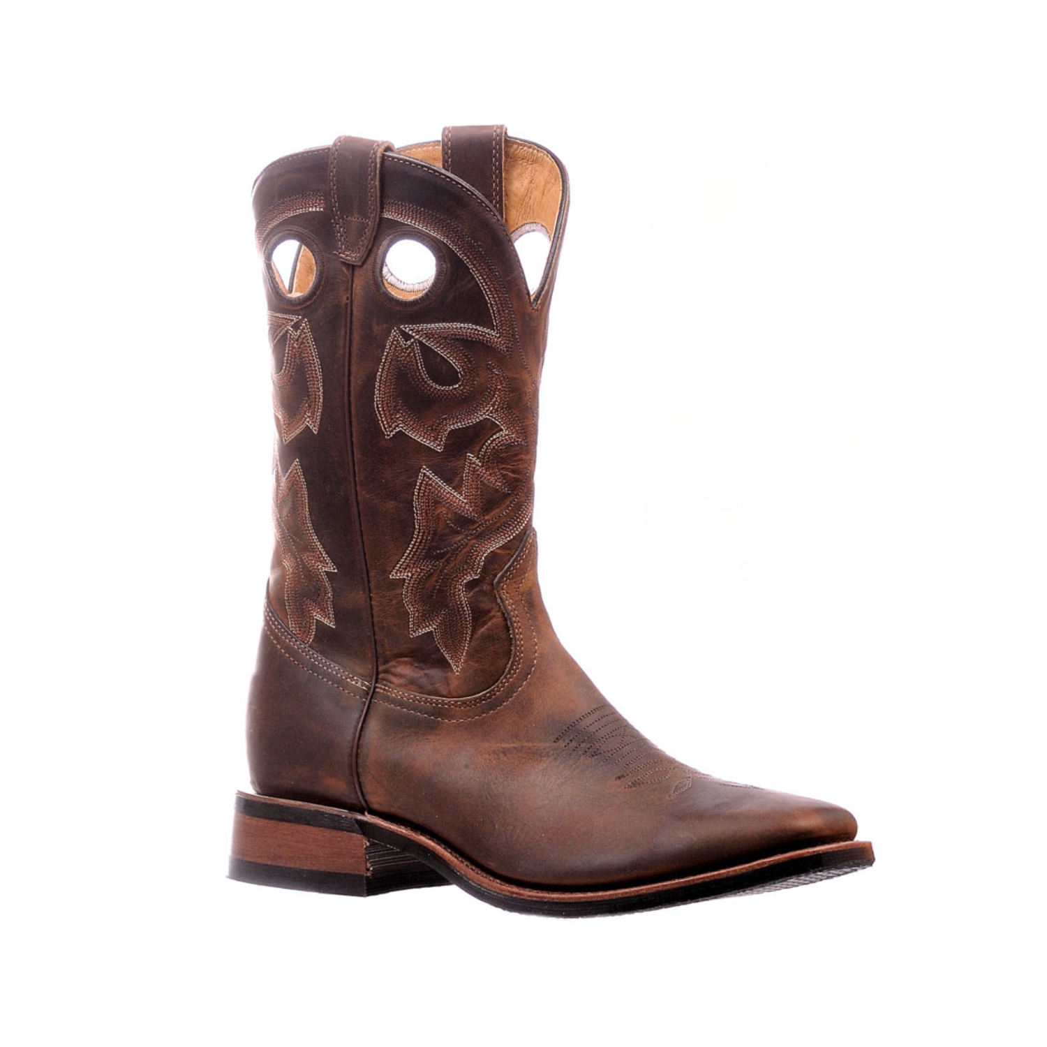 Image of Brown cowboy boot with intricate designs on a white background