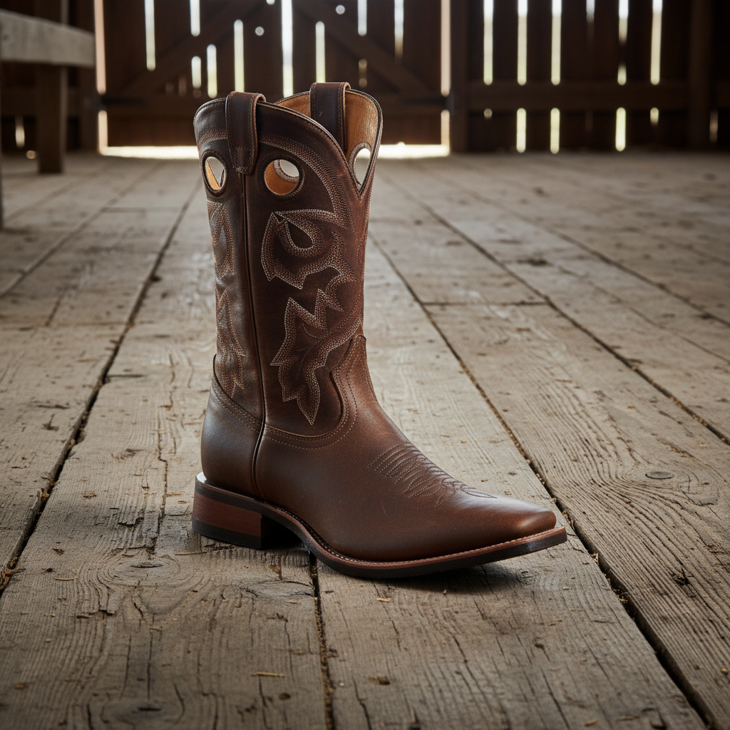 Image of Brown cowboy boot with intricate designs on a white background