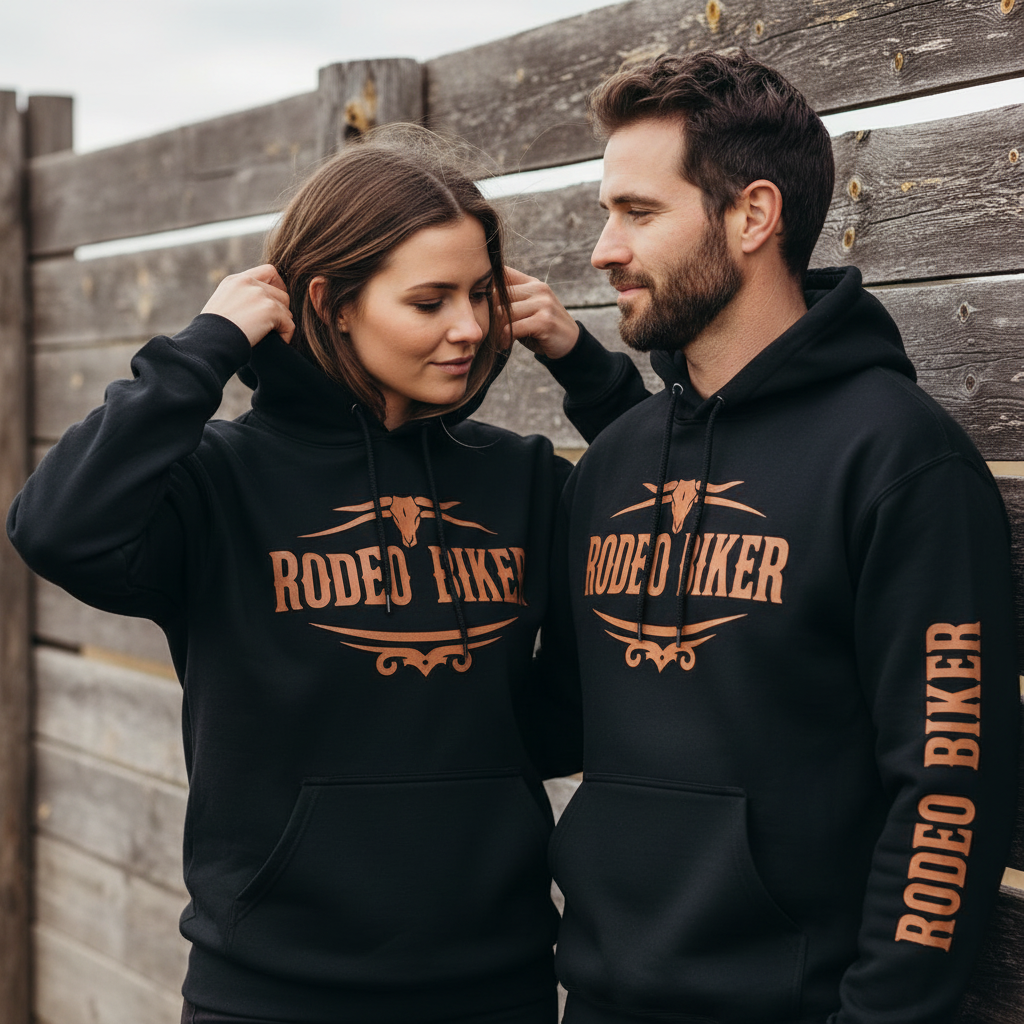 Image of Black hoodie with 'Rodeo Biker' text and design on a white background