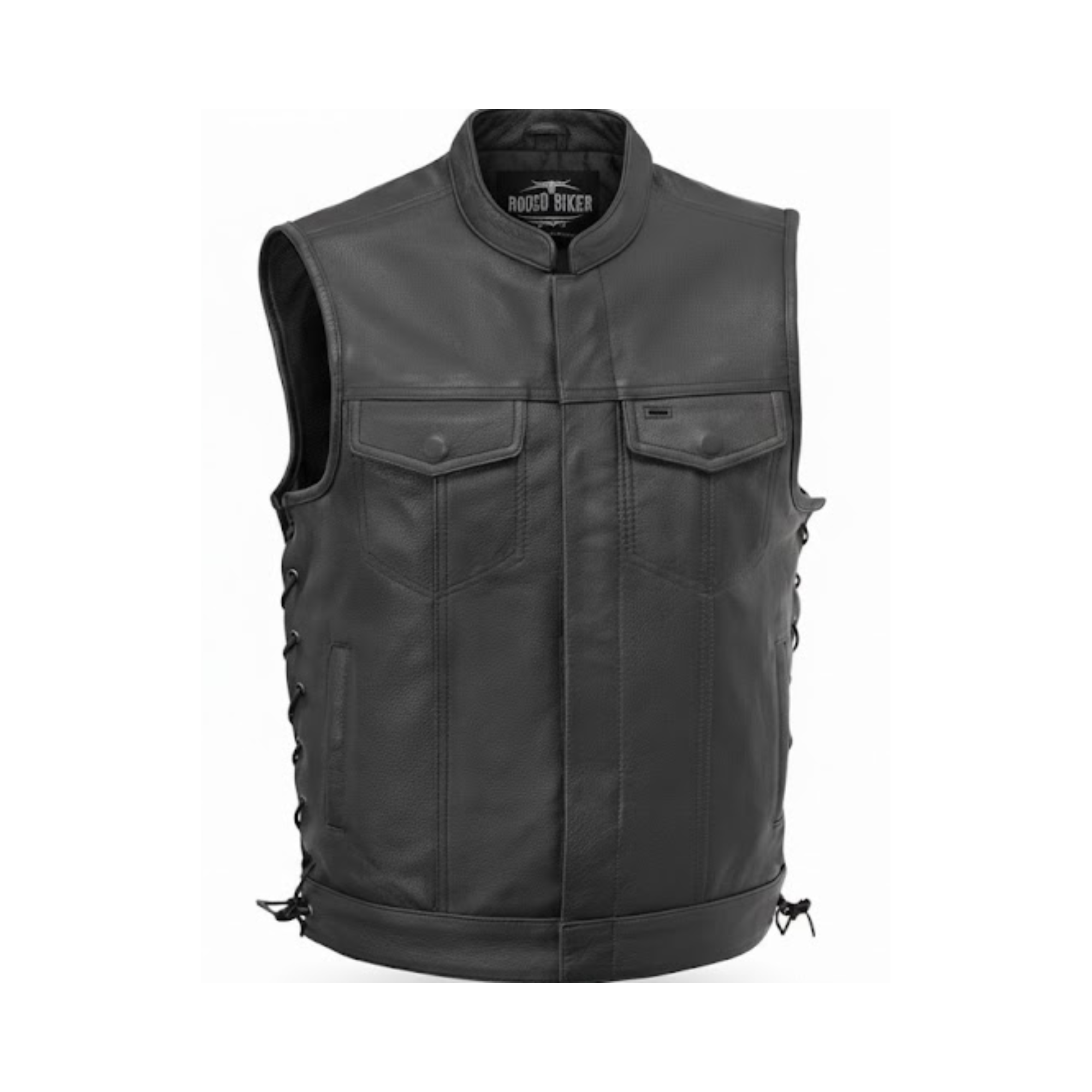 Image of Black leather vest with lace-up front on a white background