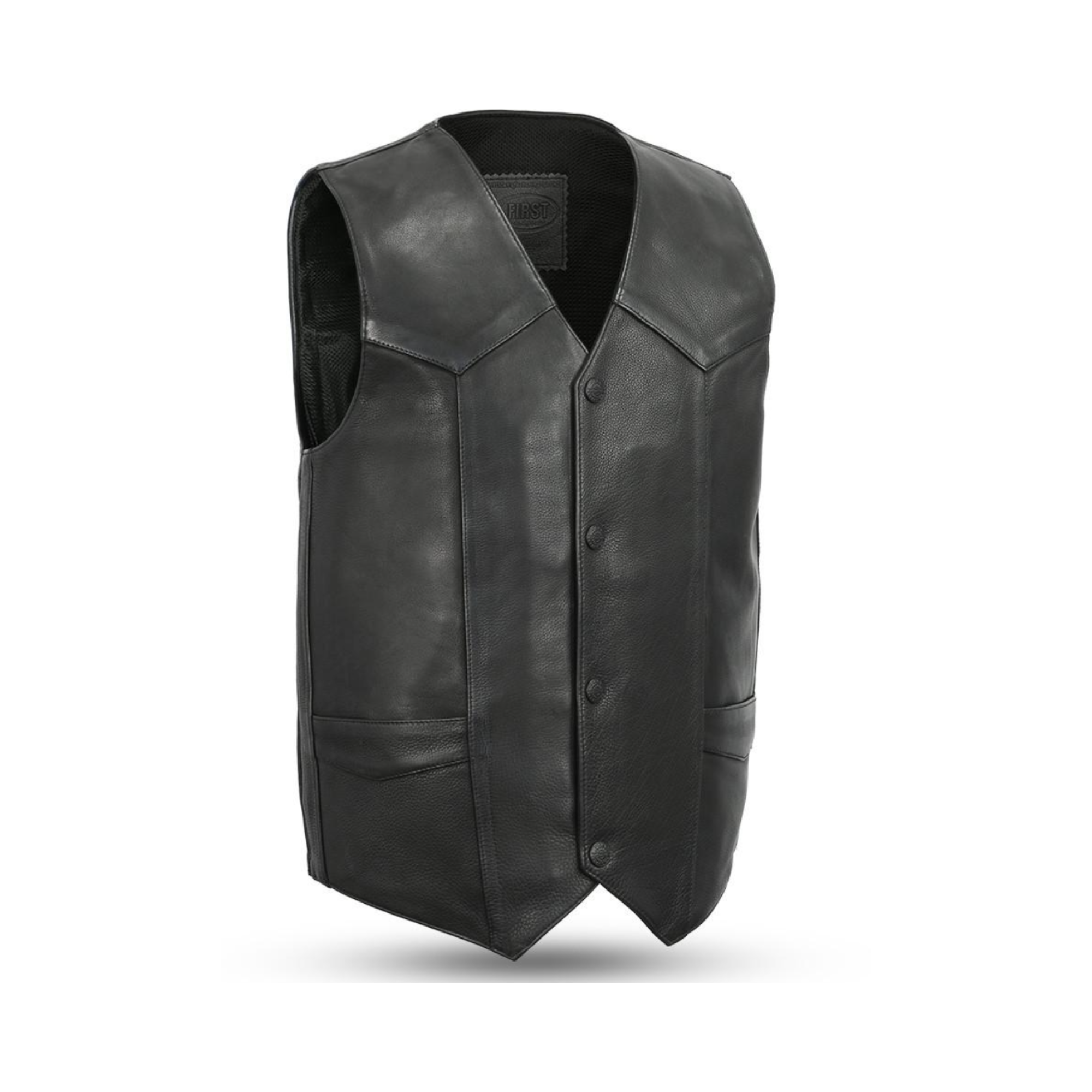 Image of Black leather vest on a white background