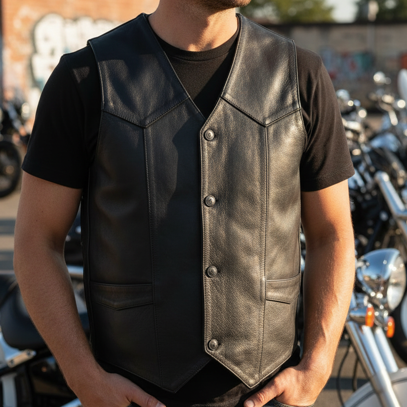 Image of Man wearing a leather vest standing in front of motorcycles