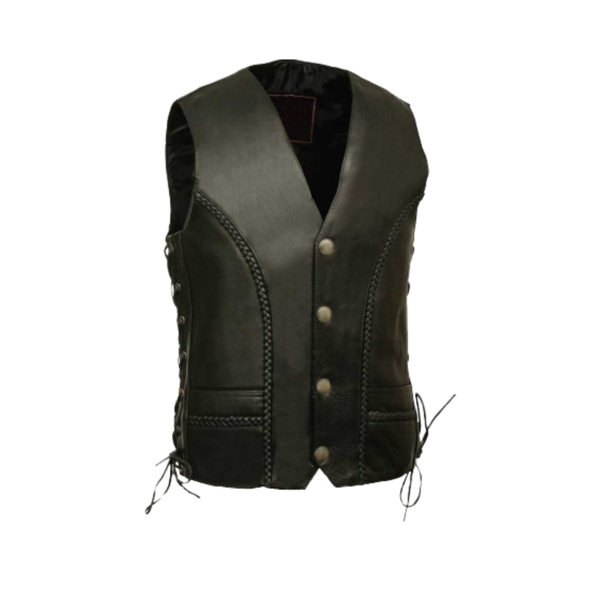 Image of Black leather vest with white buttons on a white background