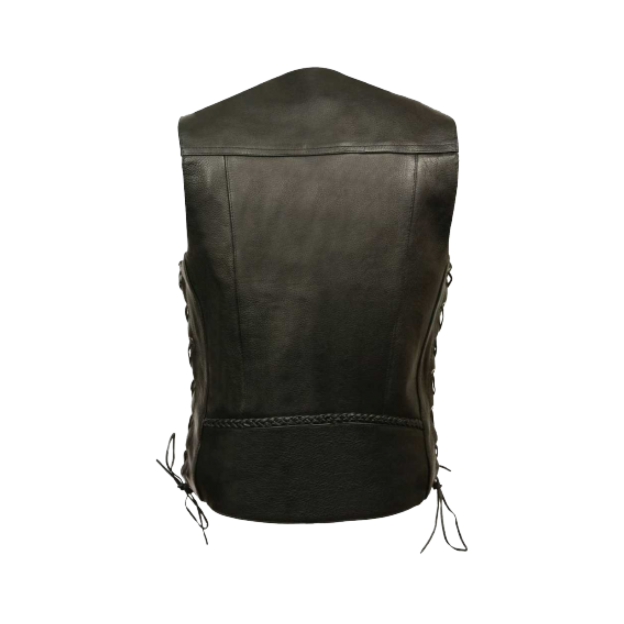 Image of Black leather vest on a white background