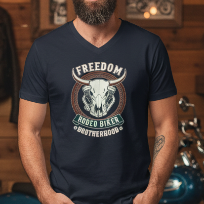 Image of Navy blue t-shirt with a bull skull graphic and text on a white background
