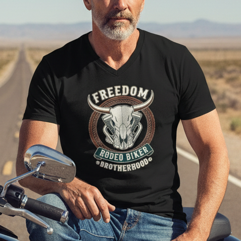Image of Man sitting on a motorcycle in a desert setting wearing a black t-shirt with 'Freedom Rides Bikes' text.