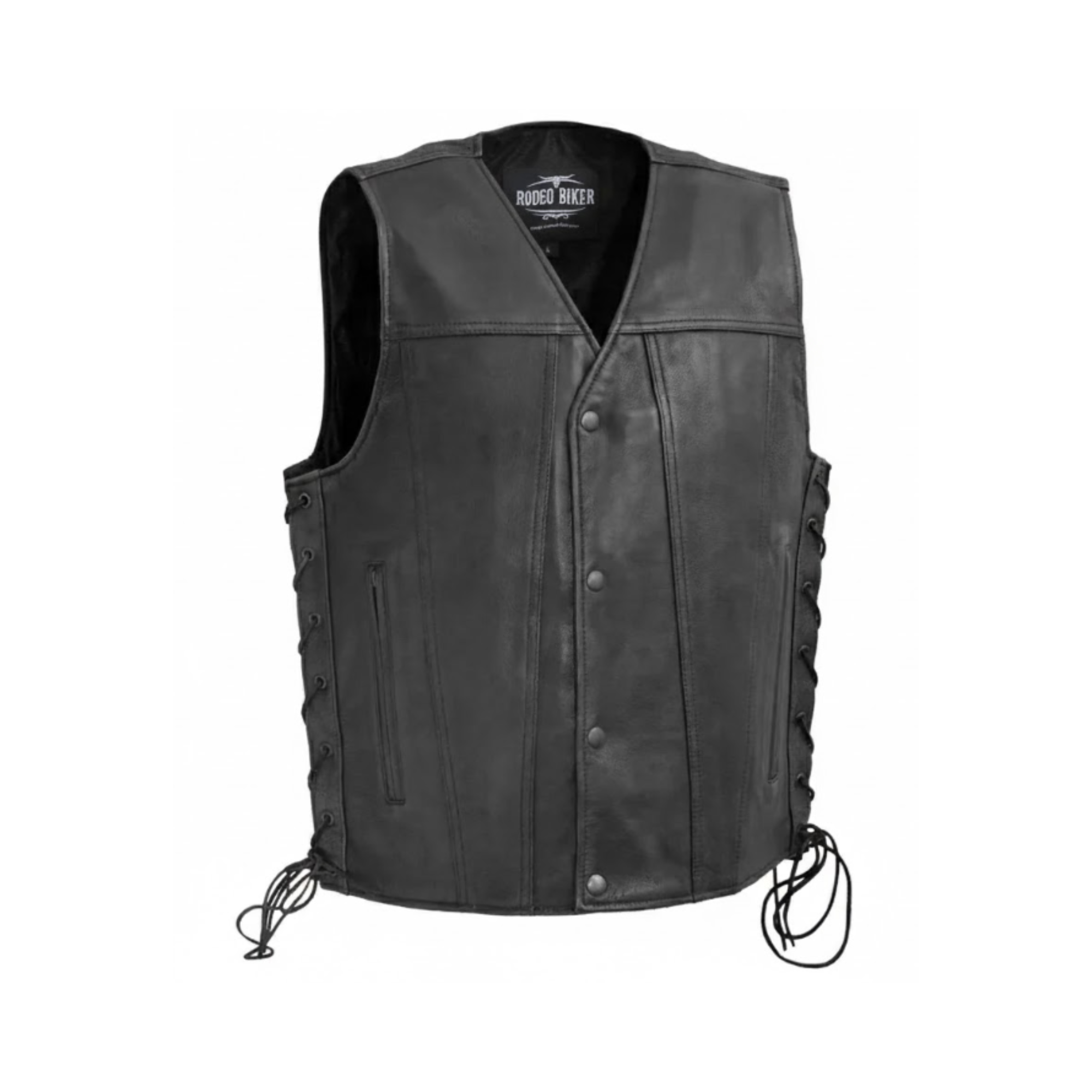 Image of Black leather vest with buttons on a white background