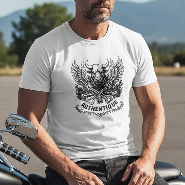 Image of Man sitting on a motorcycle wearing a white t-shirt with a graphic design.