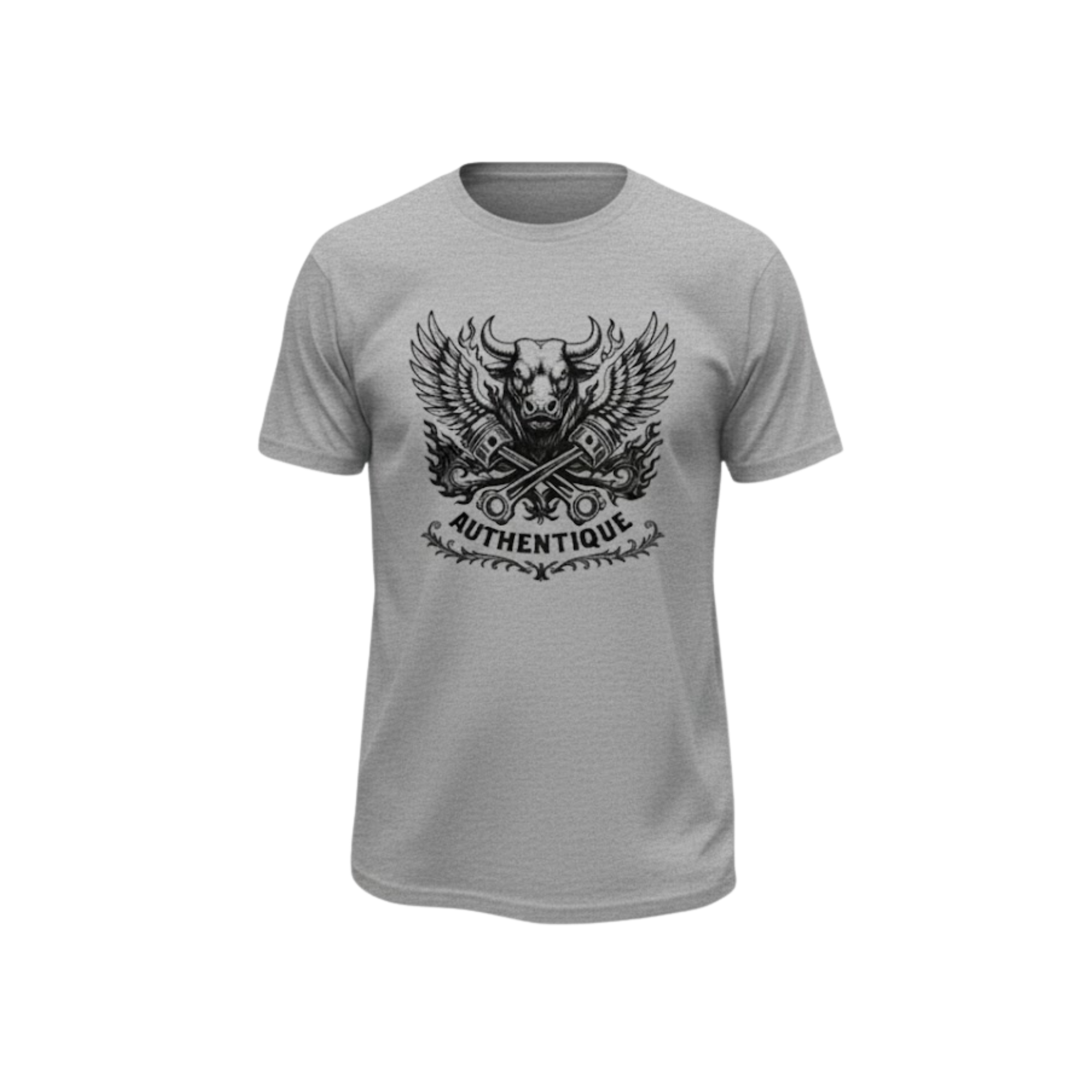 Image of Gray t-shirt with black graphic design on a white background