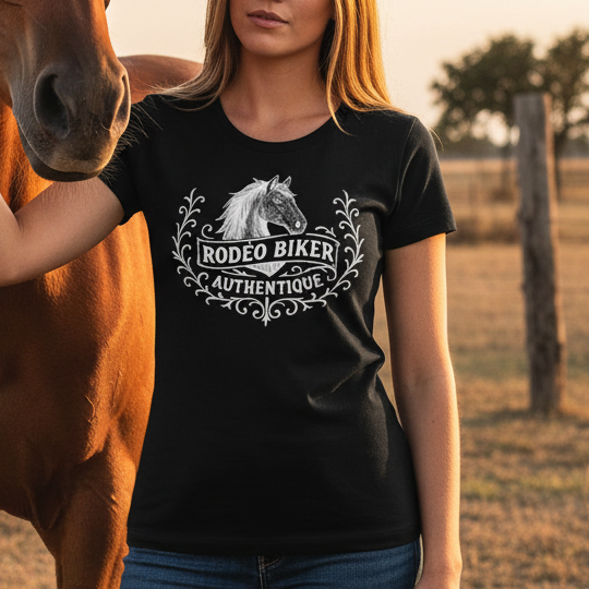 Image of Black t-shirt with a horse graphic and 'Rodeo Biker Authentique' text on a white background