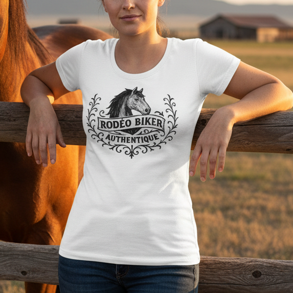 Image of White t-shirt with black horse graphic and text on a white background