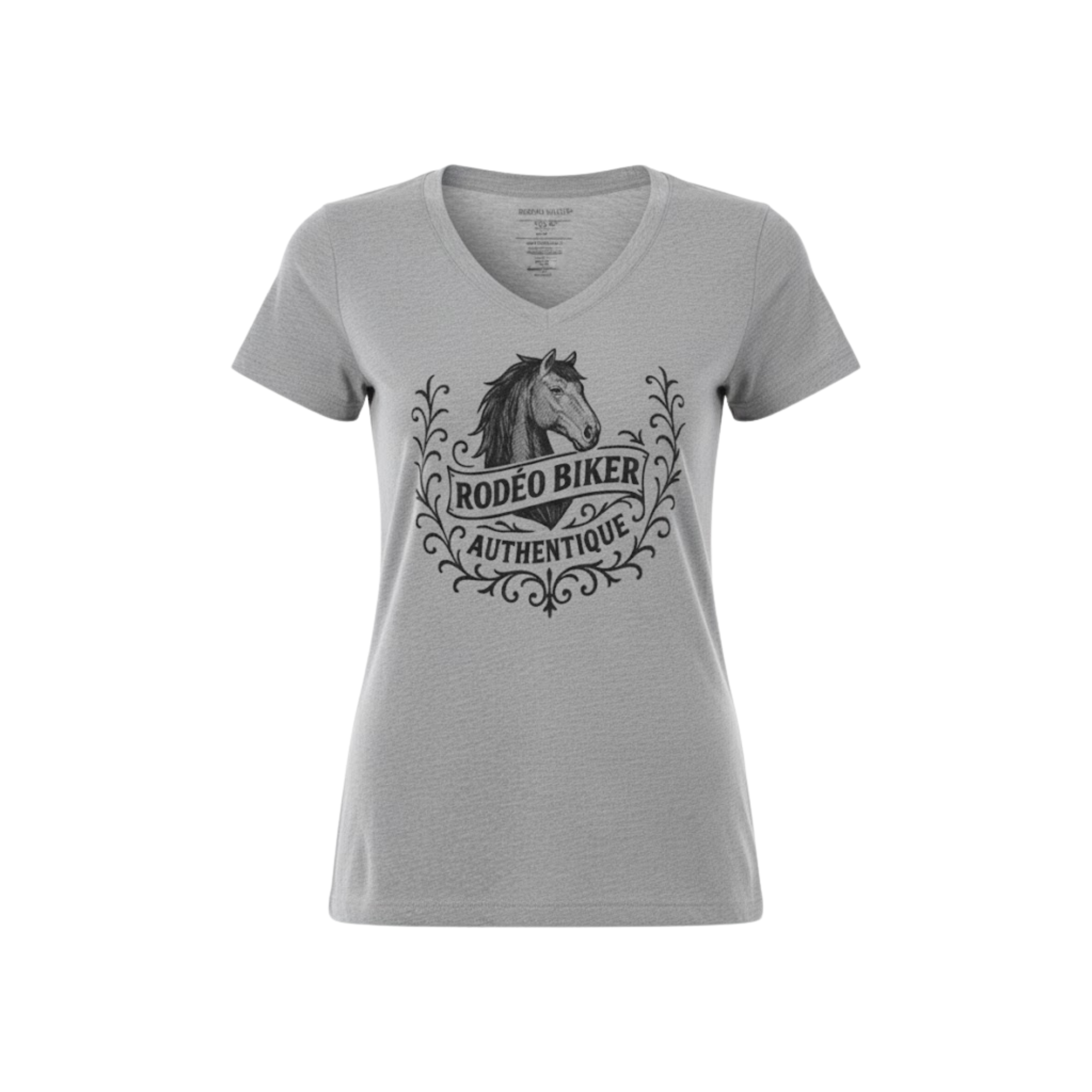 Image of Gray t-shirt with a horse graphic and text on a white background