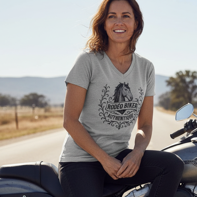 Image of Woman sitting on a motorcycle wearing a t-shirt with a horse design, with a scenic background.