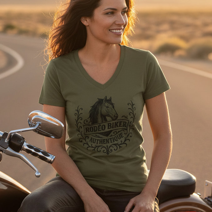 Image of Woman sitting on a motorcycle in a desert setting with a scenic background