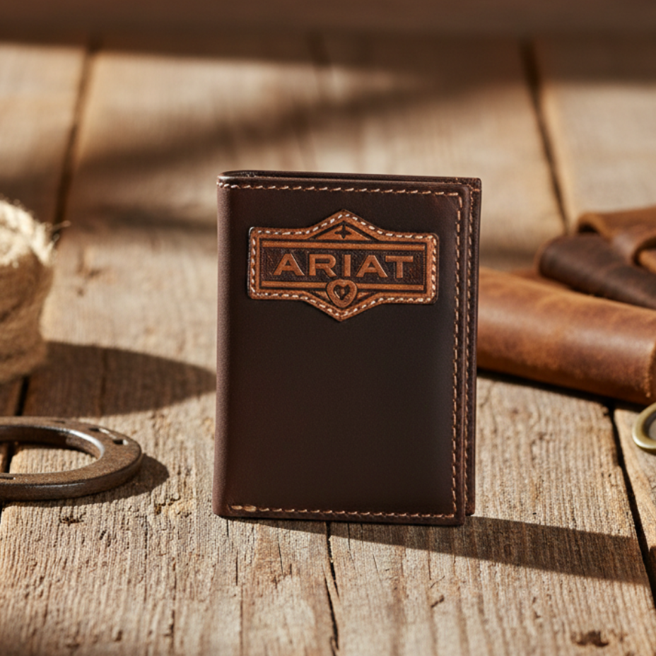 Image of A brown leather folding trifold wallet with an embossed Ariat logo on the front, shown against a light blue-gray textured background with a blue 'NEW' banner and product text at the bottom.