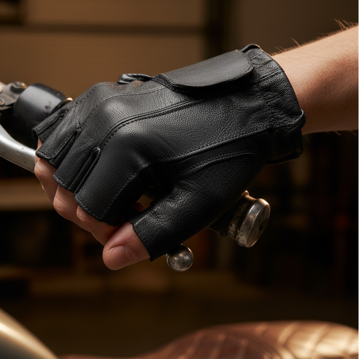 Image of A close-up of a person's hand wearing a black leather fingerless motorcycle glove, gripping handlebars with a brown leather motorcycle seat blurred in the background.