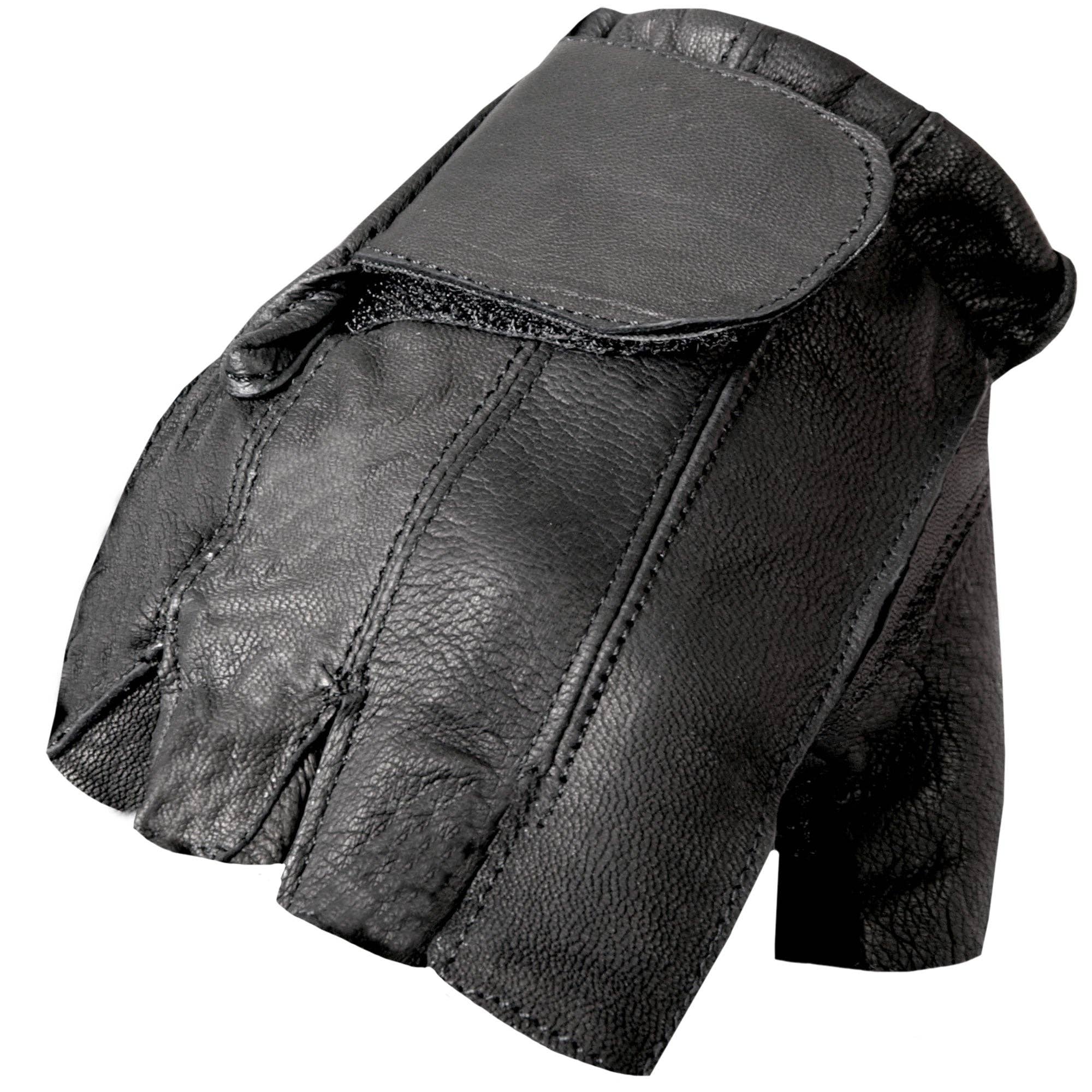 Image of Black leather glove with a knuckle pad on a white background