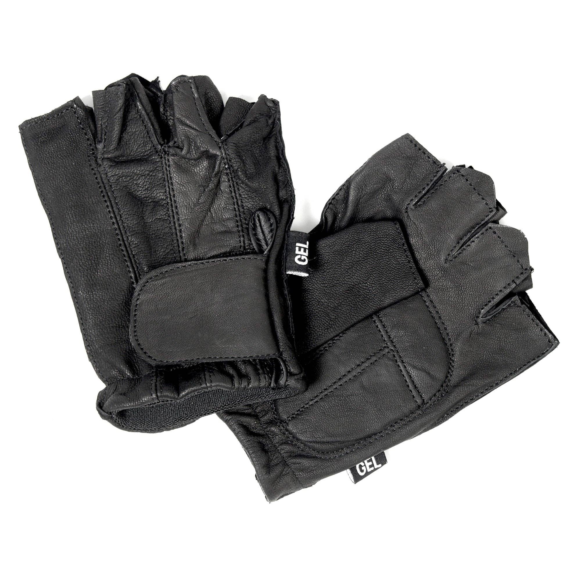 Image of Pair of black fingerless gloves with 'GEL' branding on a white background