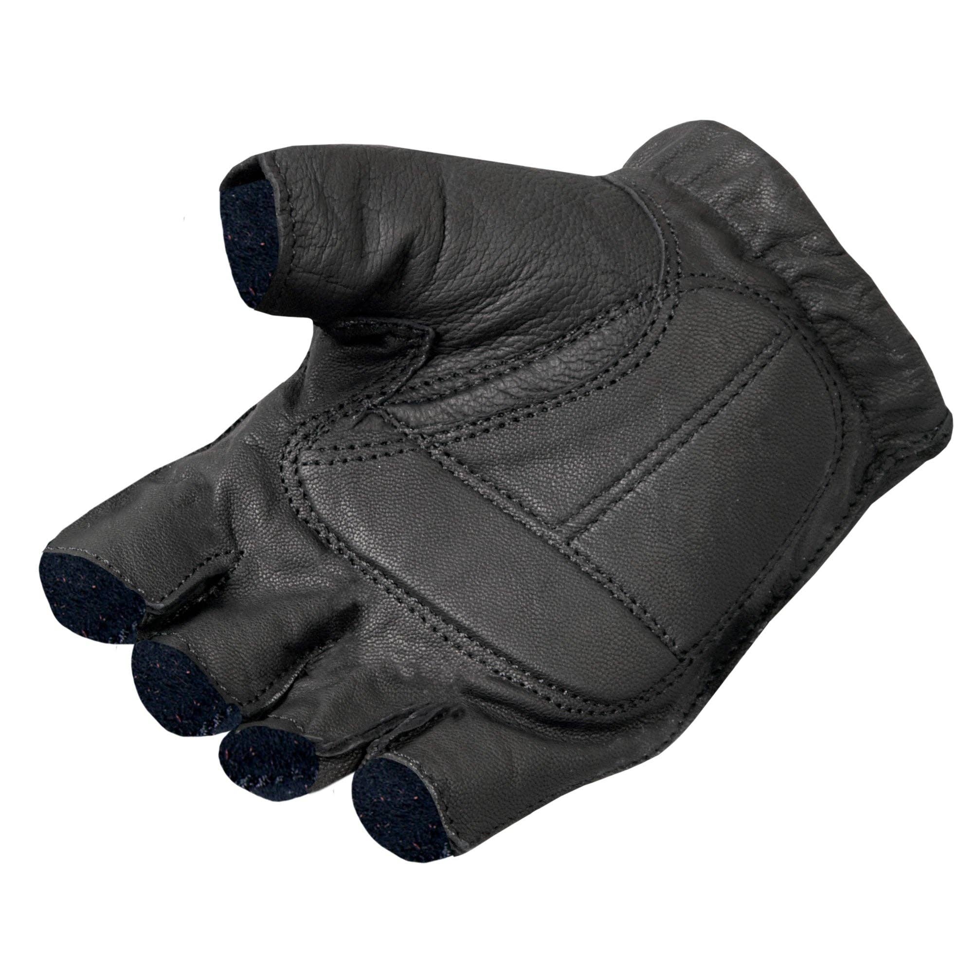 Image of Black leather glove with half-finger design on a white background