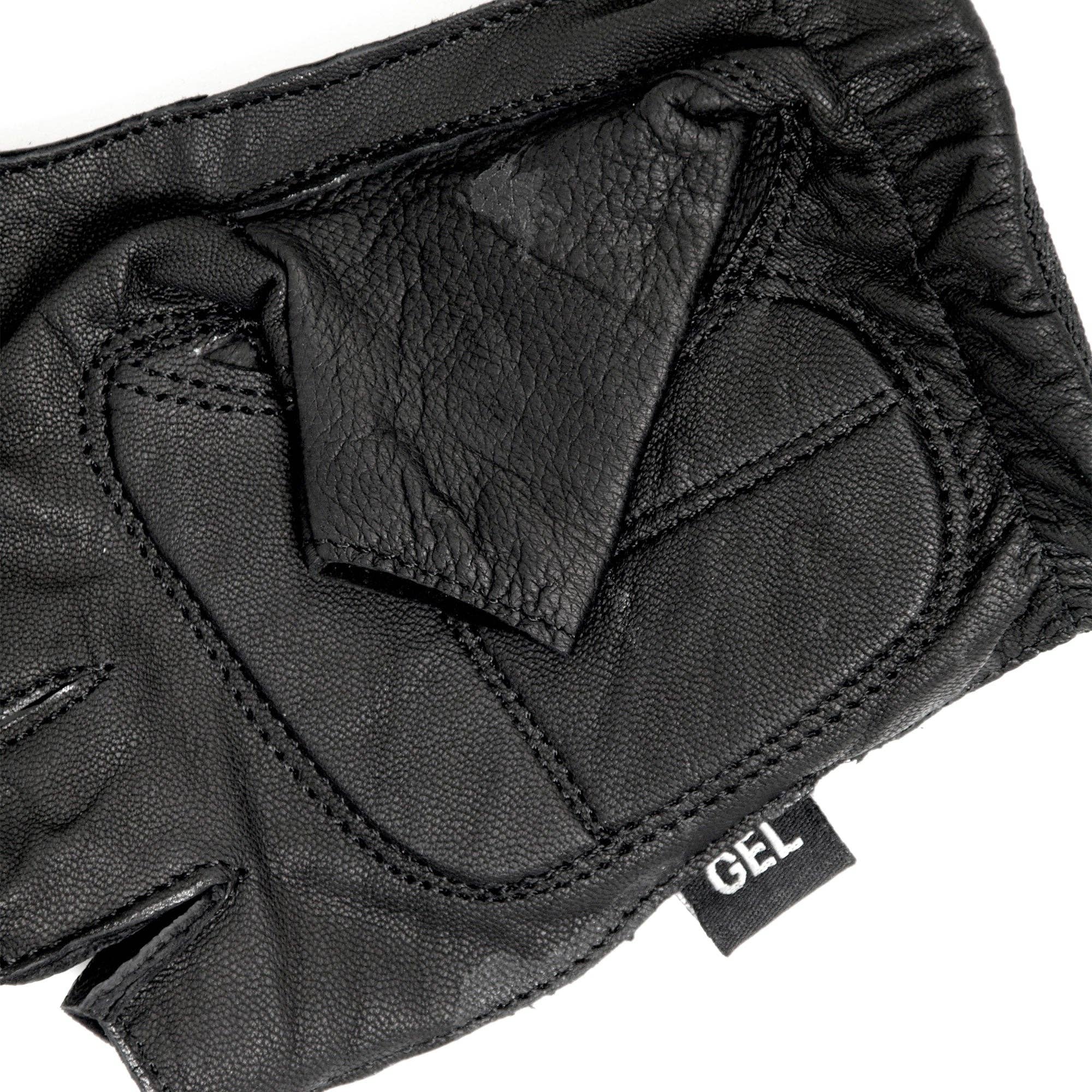 Image of Black glove with a focus on the palm area, showing texture and a 'GEL' label.