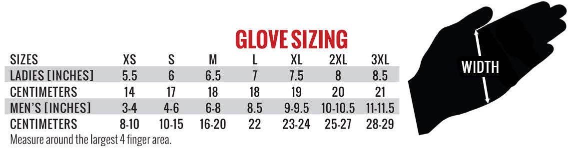 Image of Glove sizing chart with measurements for different sizes.