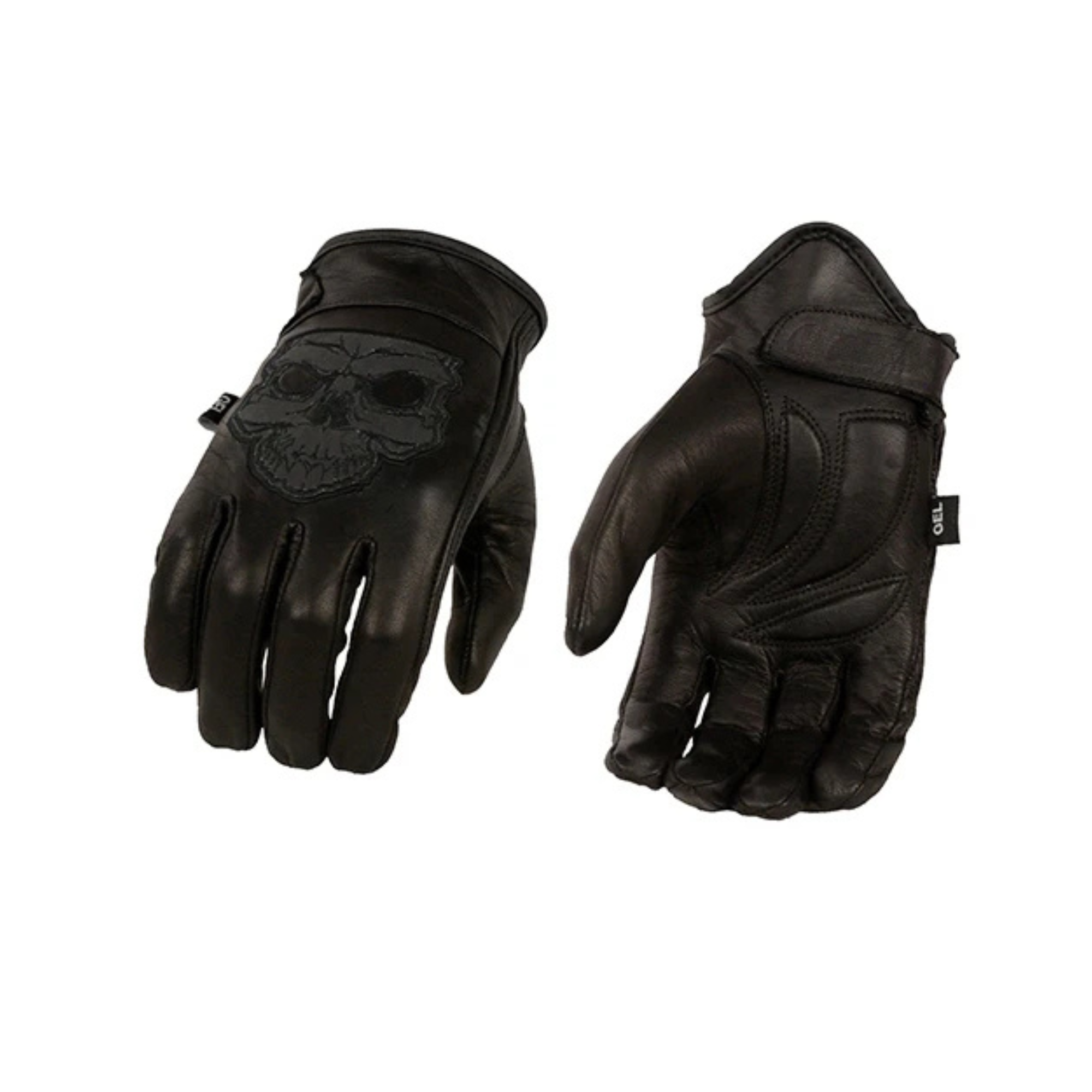 Image of Pair of black leather gloves with skull design on a white background
