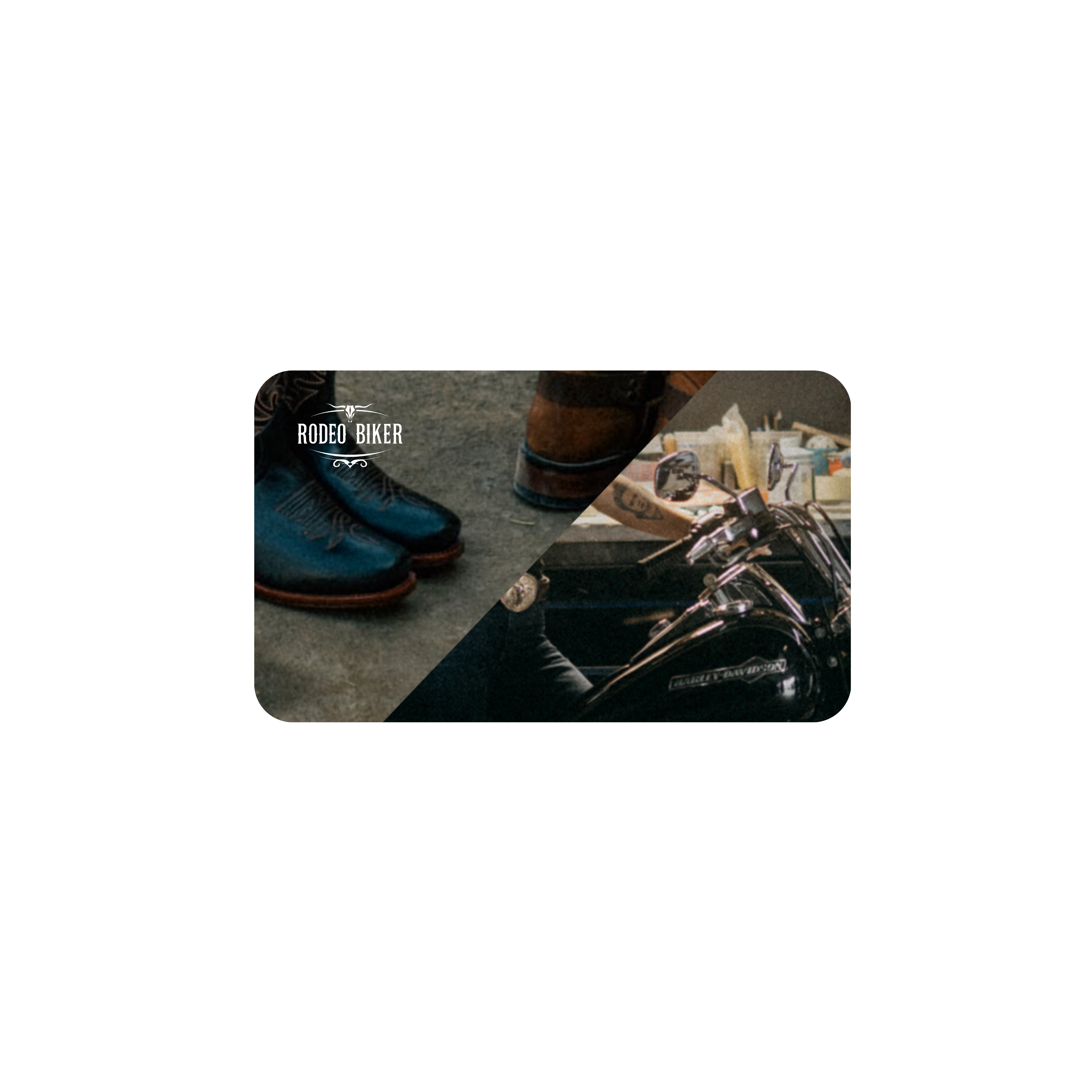 Image of Split-screen showing blue boots on a concrete floor and a motorcycle on a white background, with 'Rodeo Biker' branding.