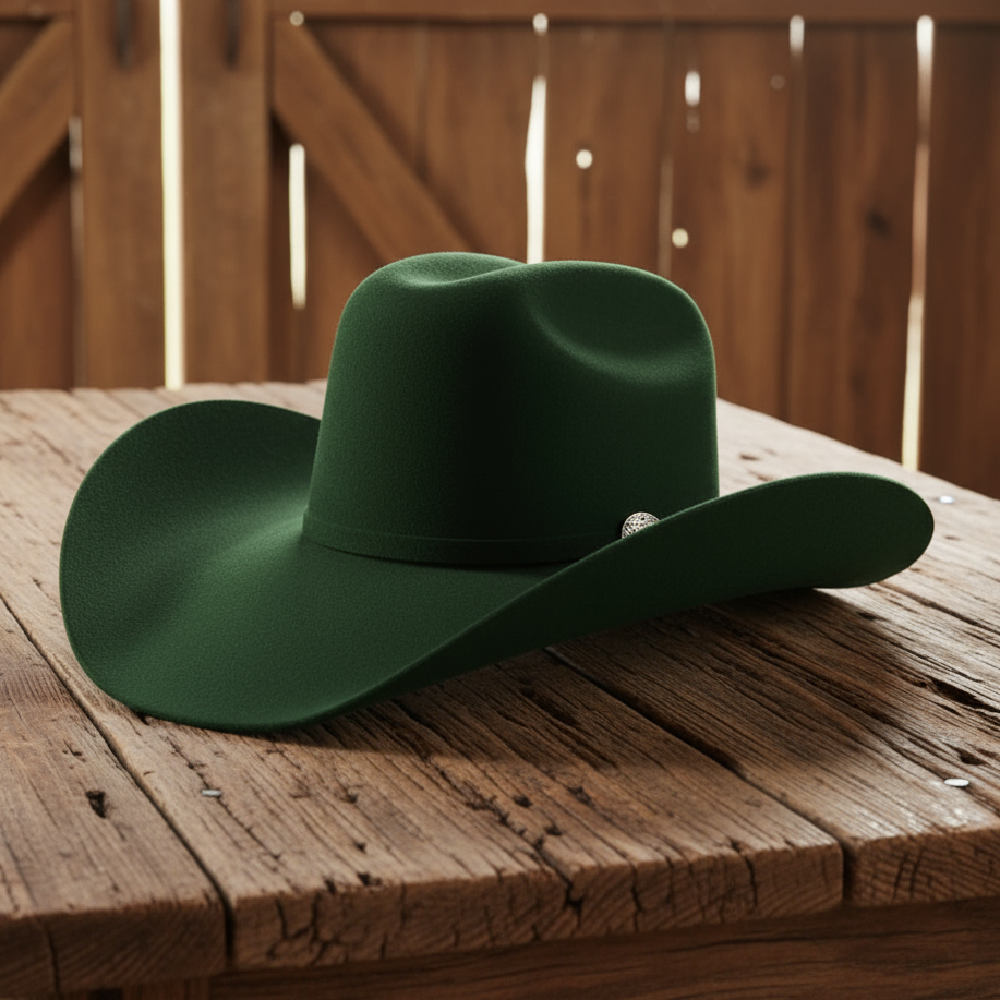Image of Green cowboy hat on a wooden surface with a wooden door in the background
