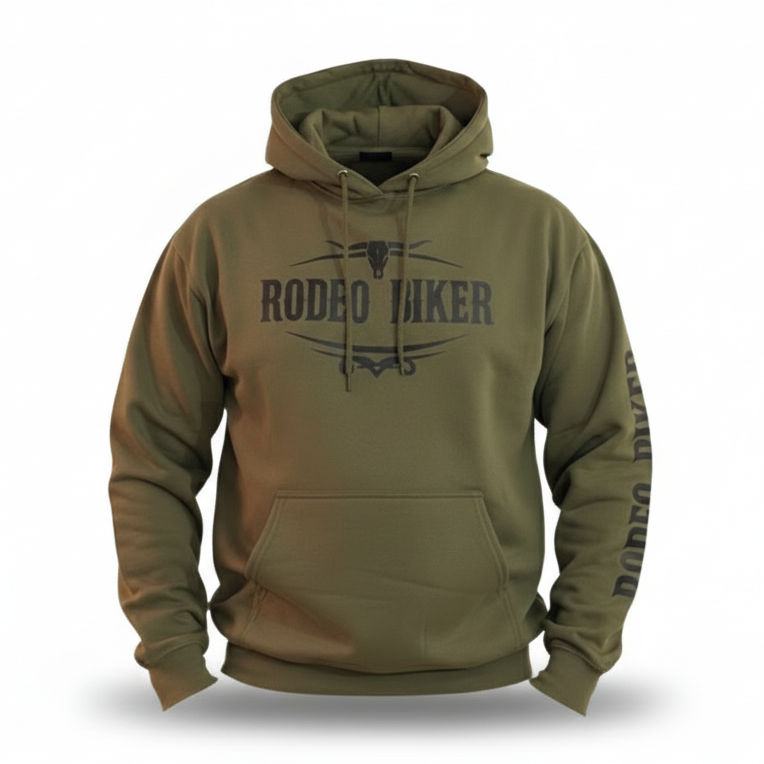 Image of Green hoodie with 'Rodeo Biker' logo on a white background