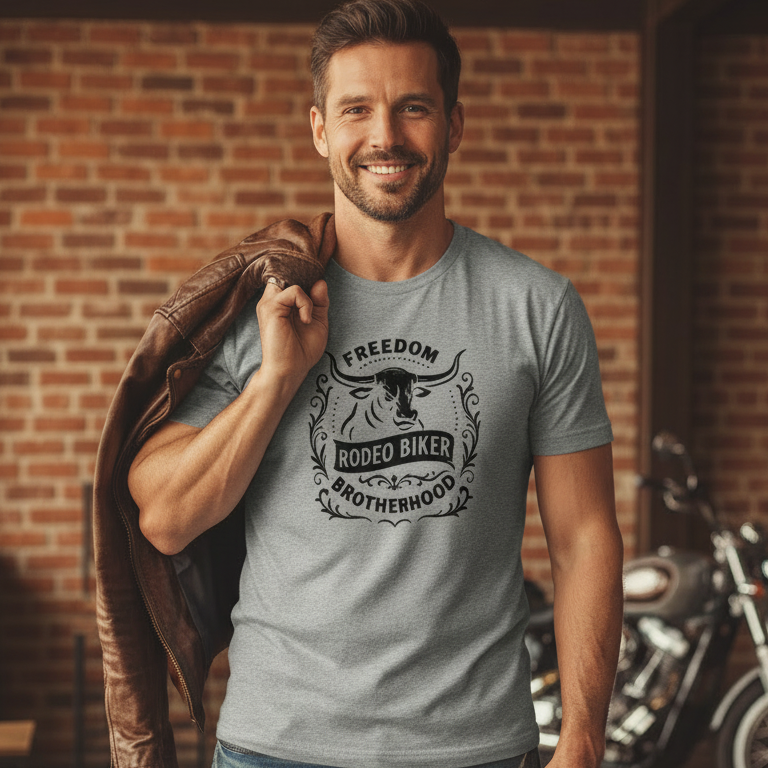 Image of Gray t-shirt with black graphic and text on a white background