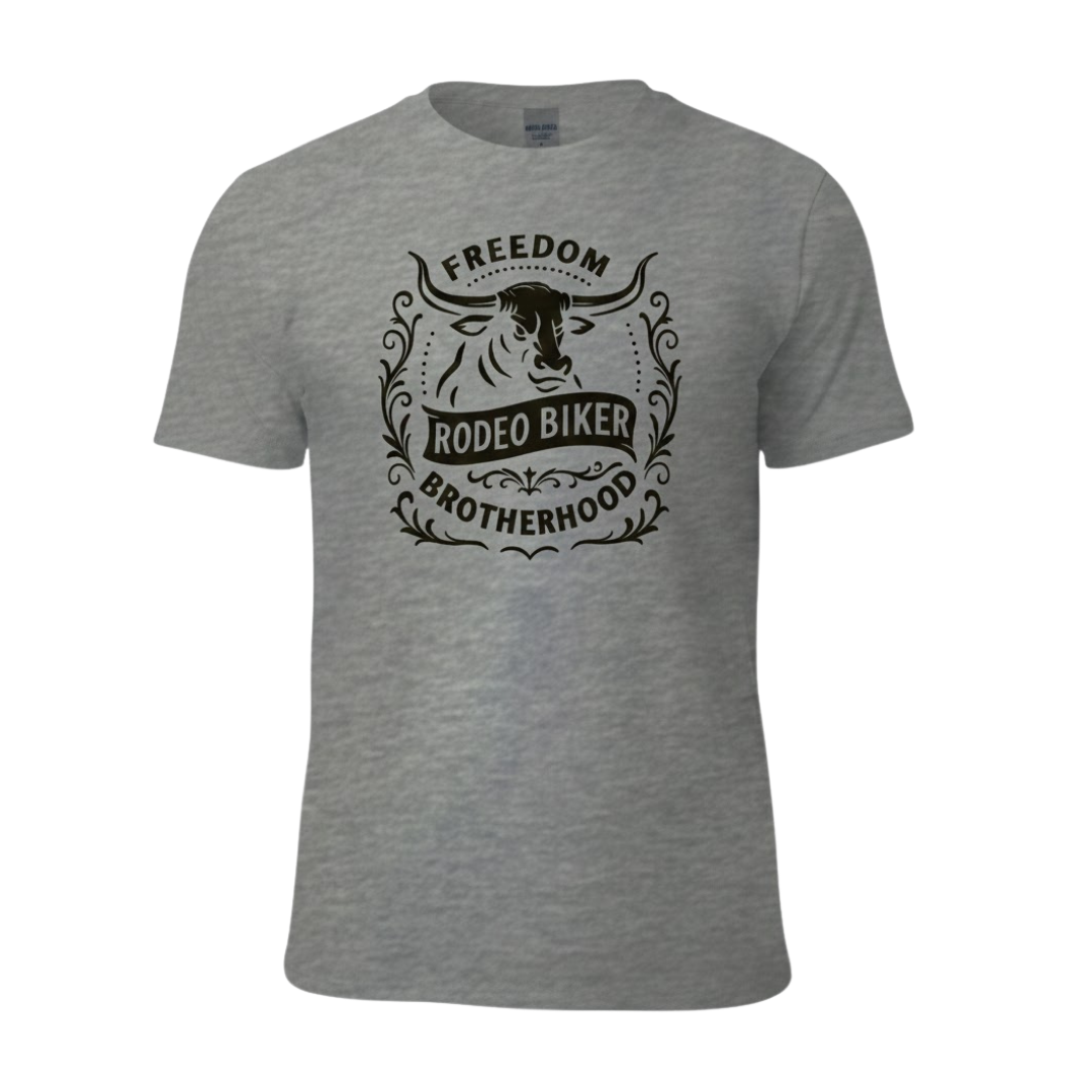 Image of Gray t-shirt with black graphic and text on a white background