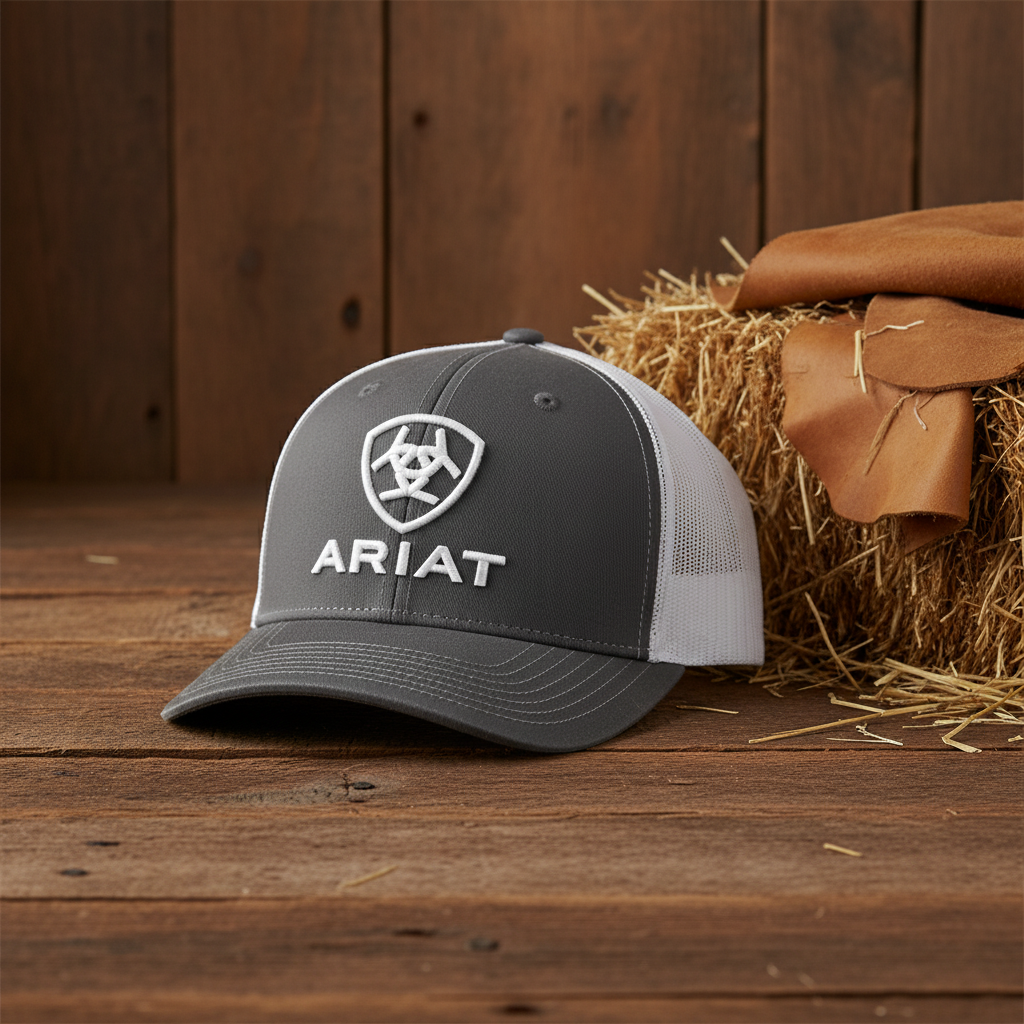 Image of A grey and black Ariat snapback cap with a white embroidered logo on the front, shown against a tan textured background with product text overlays.