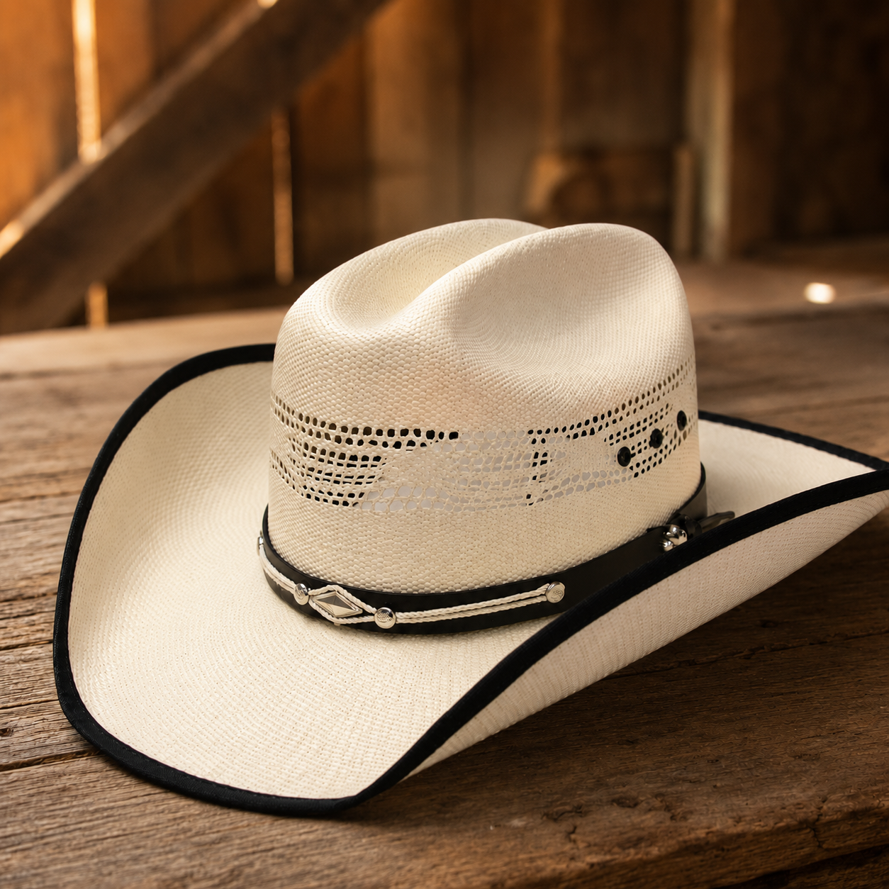 Image of Chapeau western en paille Bangora beige avec bordure noire et bandeau en cuir