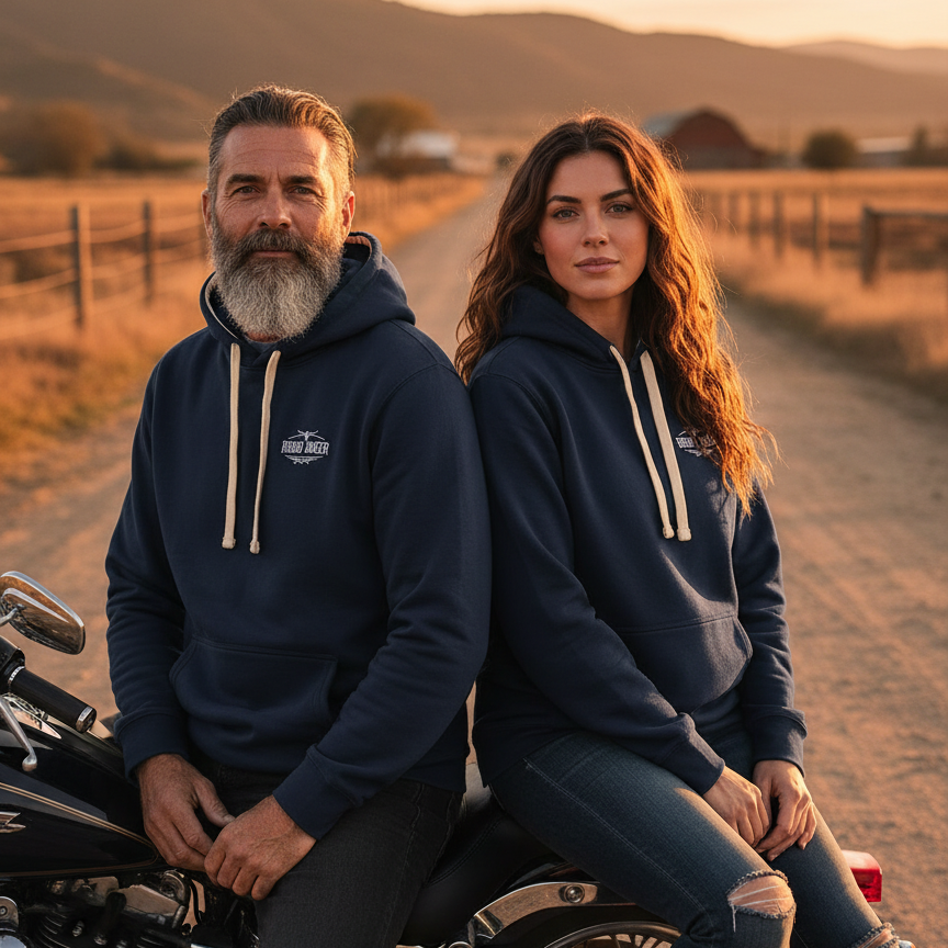 Image of Two people sitting on a motorcycle in a rural setting with mountains in the background