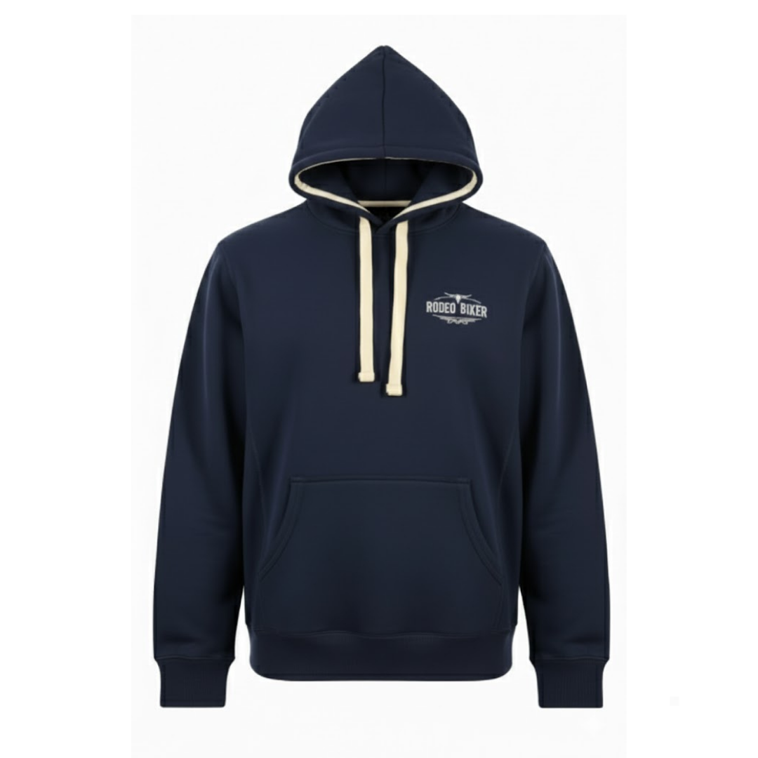 Image of Navy blue hoodie with a logo on the chest against a white background
