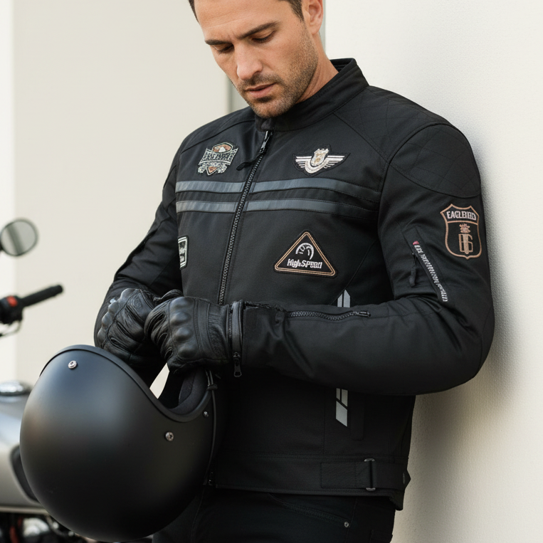 Image of Man in a black motorcycle jacket holding a helmet next to a motorcycle against a light-colored wall.