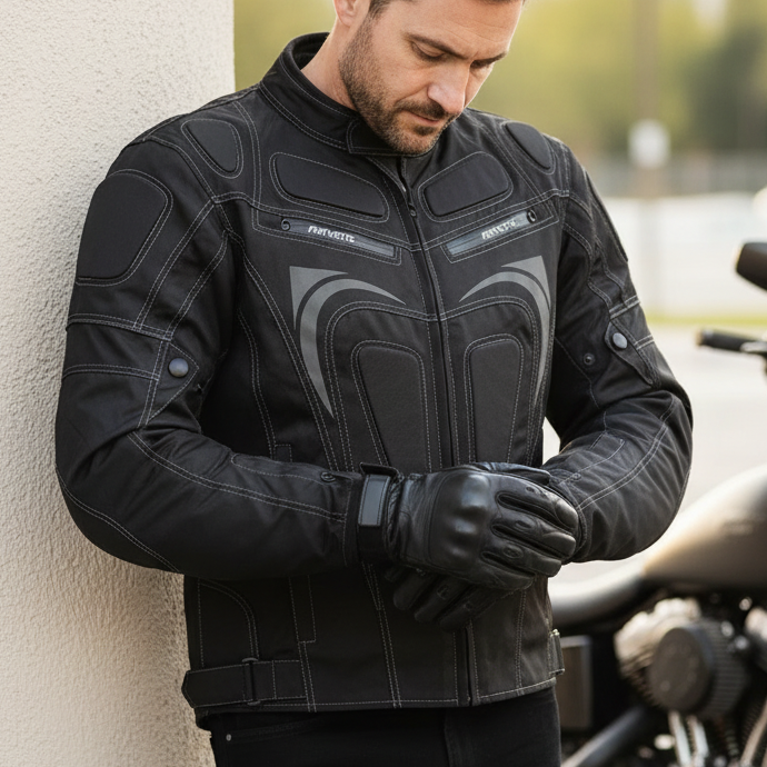 Image of Man wearing a black motorcycle jacket leaning against a wall with a motorcycle in the background.