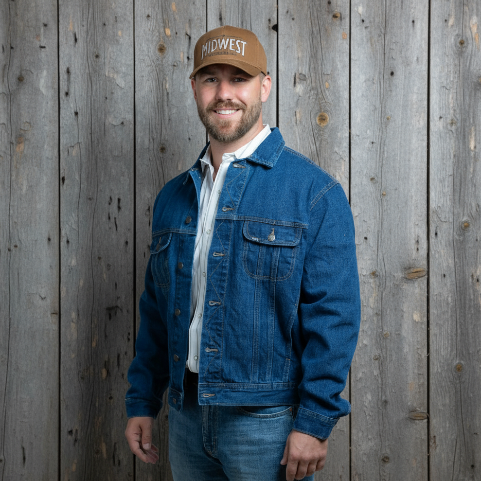 Image of Man wearing a blue denim jacket and brown cap with 'Midwest' text on a light gray background